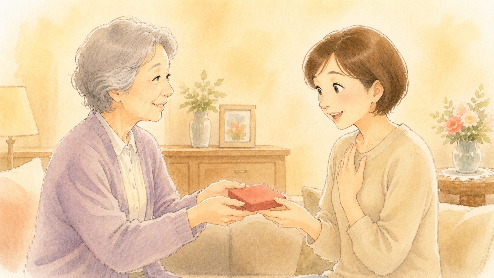 母から娘へ贈り物を手渡すイラスト