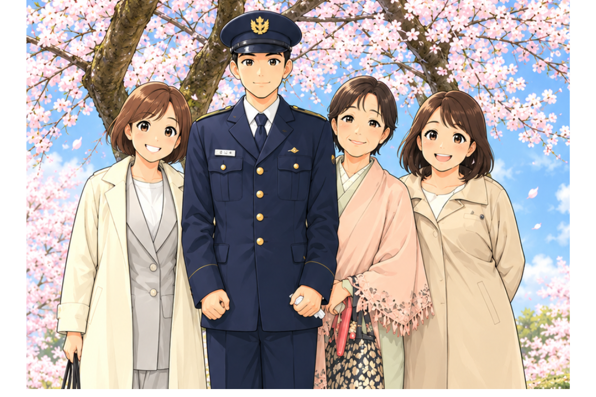 桜の下で自衛官の息子と記念撮影する家族のイラスト