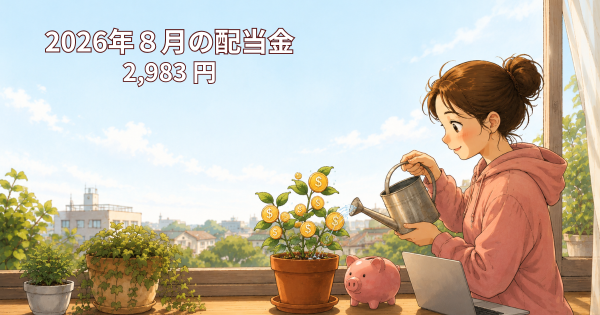 レモンの木にじょうろで水をやる女性のイラスト（2026年8月の配当金2,983円）